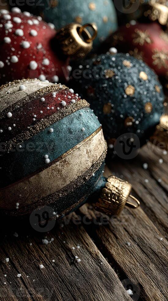 Colorful vintage Christmas ornaments resting on a rustic wooden table with artificial snow scattered around during the holiday season photo
