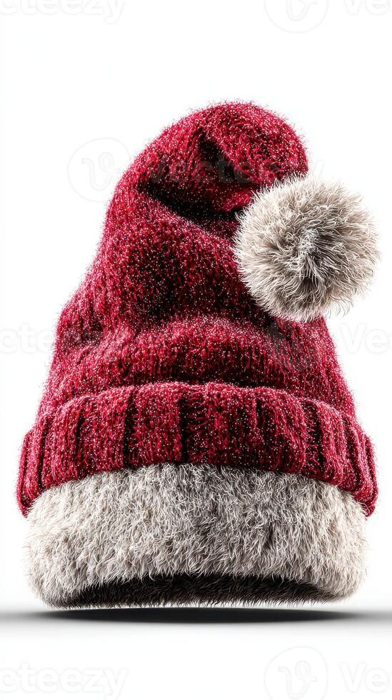 Festive red and gray holiday hat with pom pom displayed on a neutral background photo