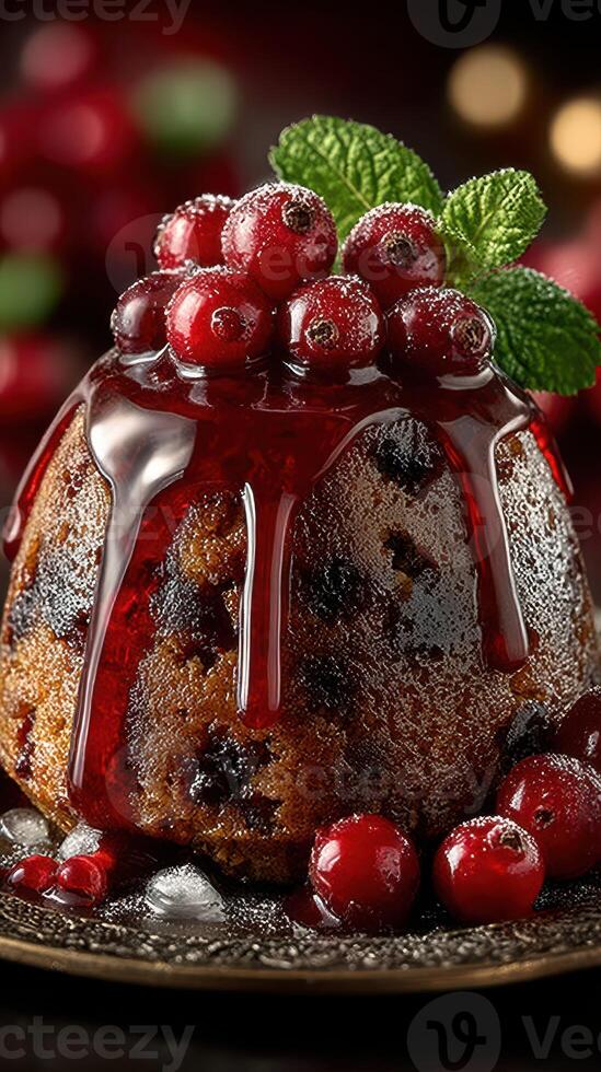 Delicious dessert topped with red berries and glossy glaze in a festive setting during the holidays photo