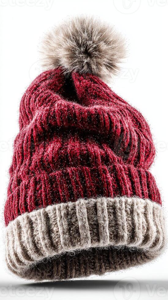 Cozy red knit hat with a fluffy pom-pom designed for winter warmth and style photo