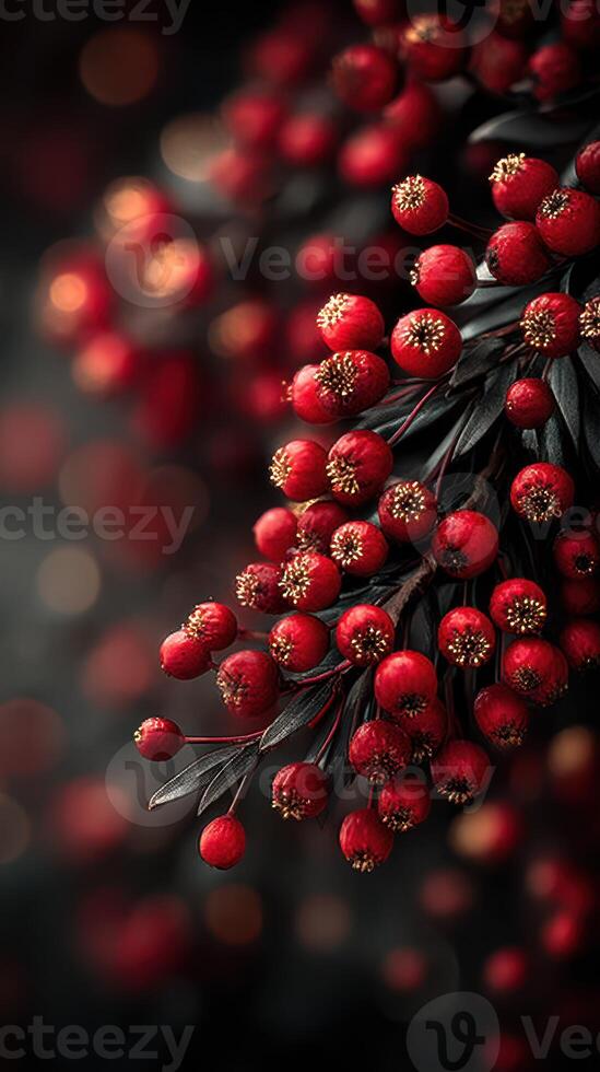 Vibrant red berries cluster with dark green leaves in a natural setting during the evening light photo