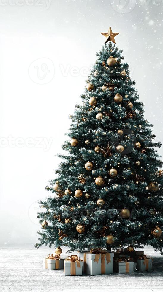 Beautifully decorated Christmas tree with golden ornaments and gifts in a snowy setting photo