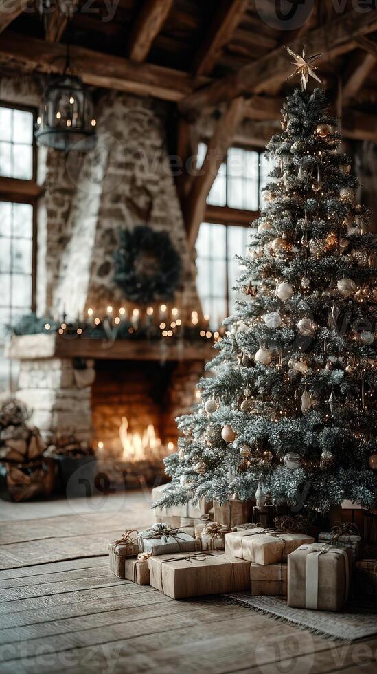 Christmas tree decorated with presents and warm fireplace in cozy cabin during winter season photo