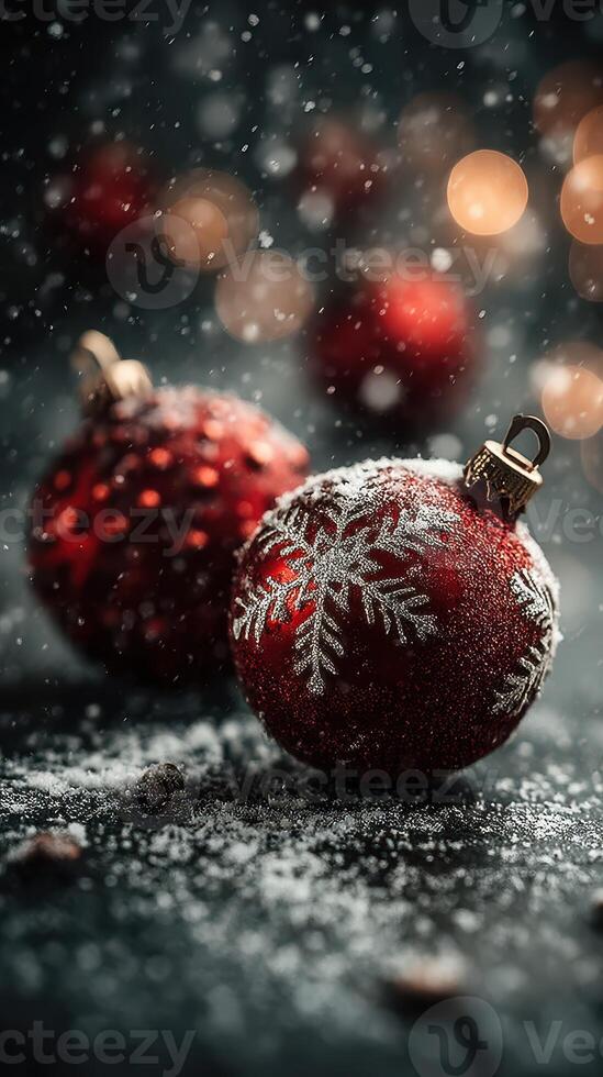 Festive red ornaments with snowflakes on a dark surface create a magical winter atmosphere during the holiday season photo