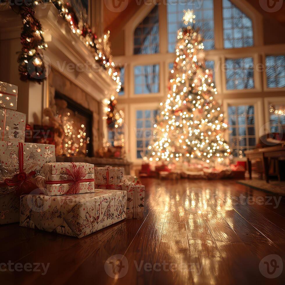 Cozy holiday living room with a beautifully decorated Christmas tree and wrapped presents in soft evening light photo