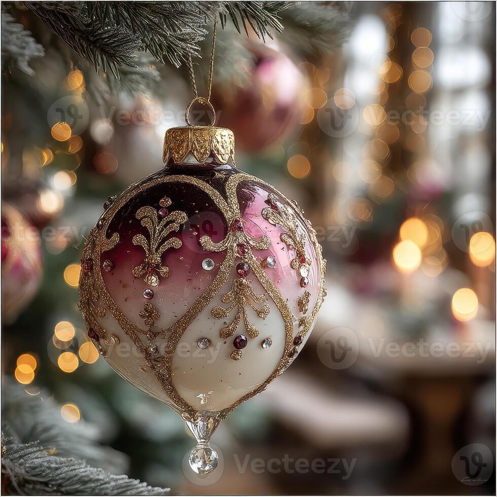Decorative holiday ornament hangs from a tree branch, showcasing intricate designs and soft bokeh lights in a cozy setting during winter photo