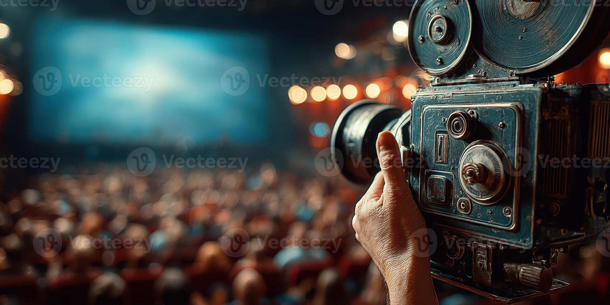 Filmmaker capturing performance in a historic theater filled with an engaged audience during a live event photo