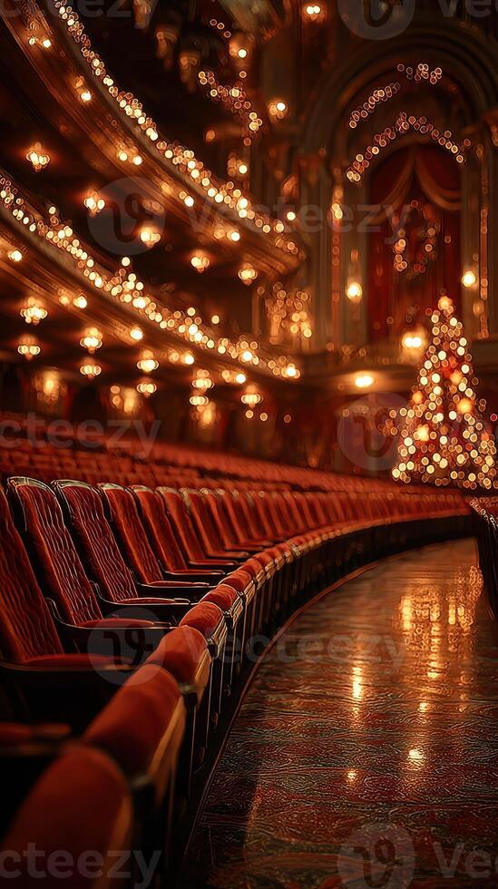 Beautifully lit theater interior with festive decor and empty seats on a winter evening photo