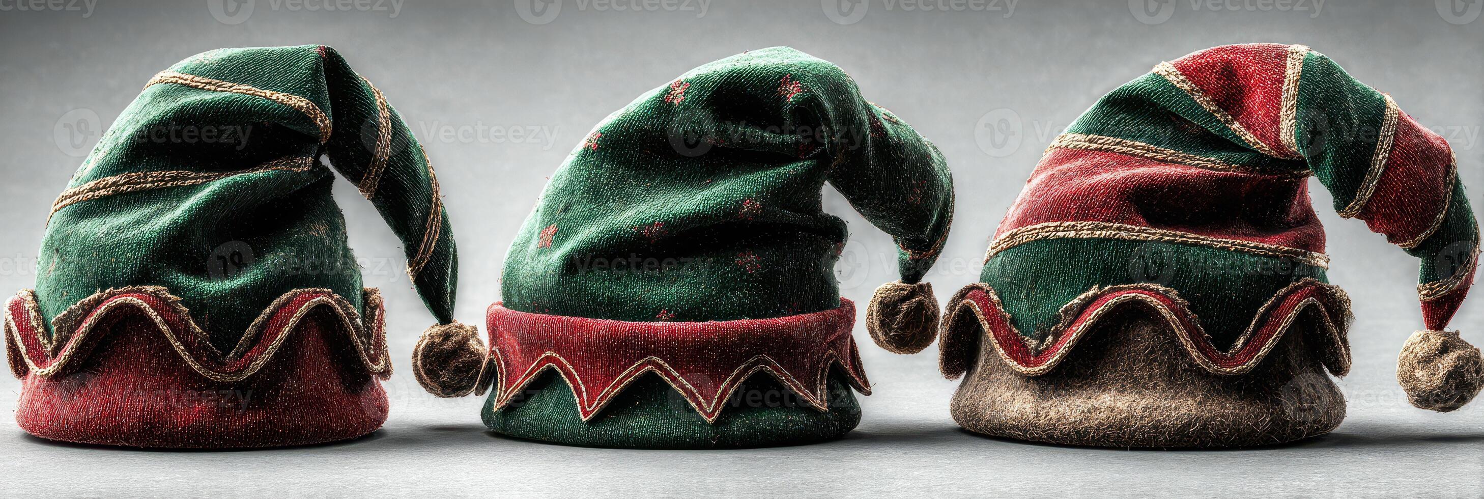 Colorful and festive elf hats displayed together for holiday celebrations and events photo