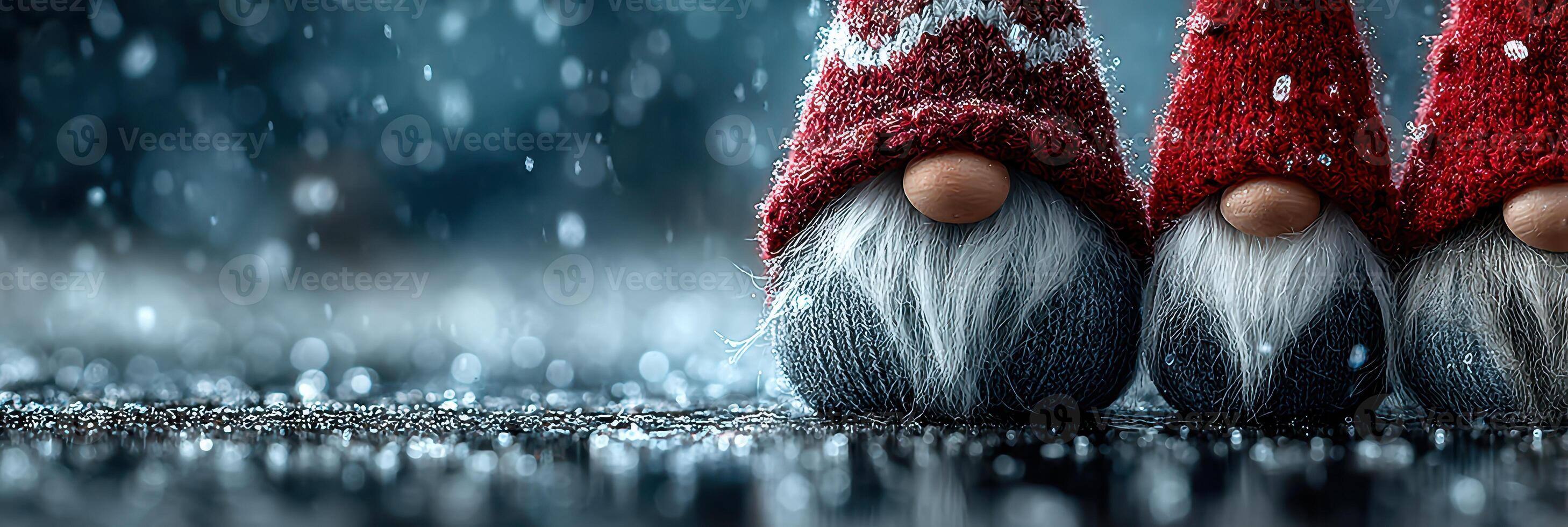 Two whimsical gnomes with radiant red hats sit on a snowy surface during a gentle snowfall in a winter setting photo