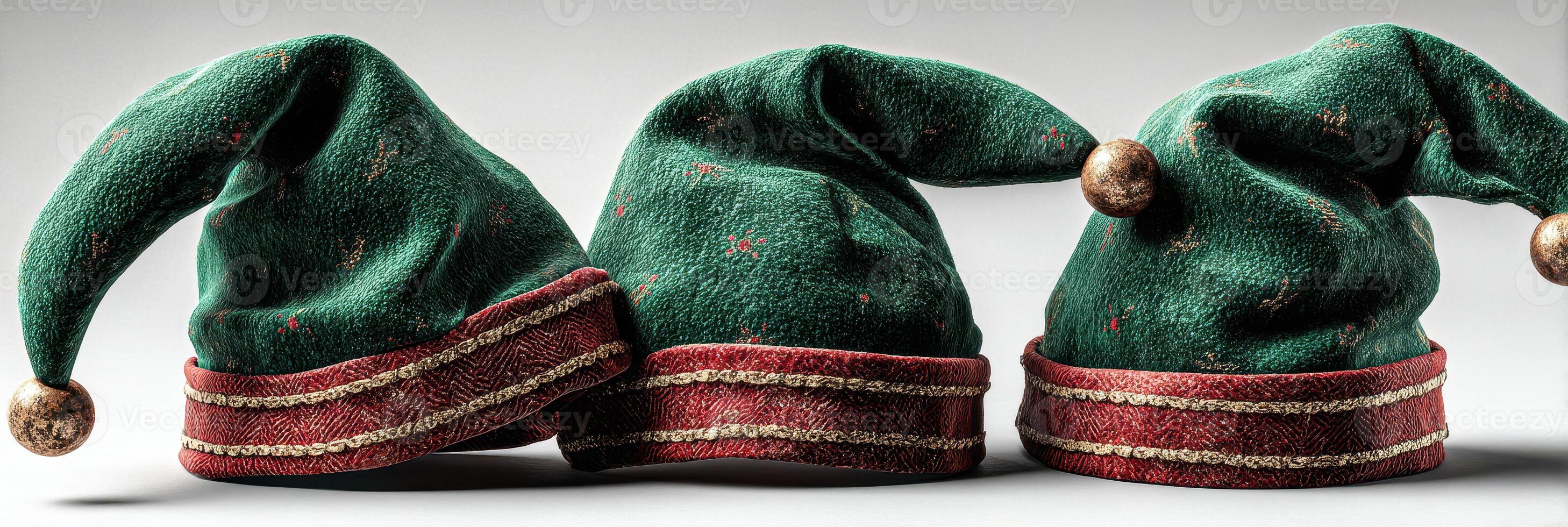 Festive green and red holiday hats arranged in a row, showcasing playful design details for seasonal celebrations photo