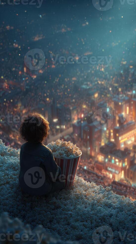 Child enjoys popcorn while watching cityscape illuminated by night lights from a high vantage point photo