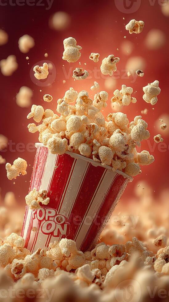 Popcorn bursts from a classic red and white striped bucket against a vibrant background, creating an exciting visual display during movie night photo