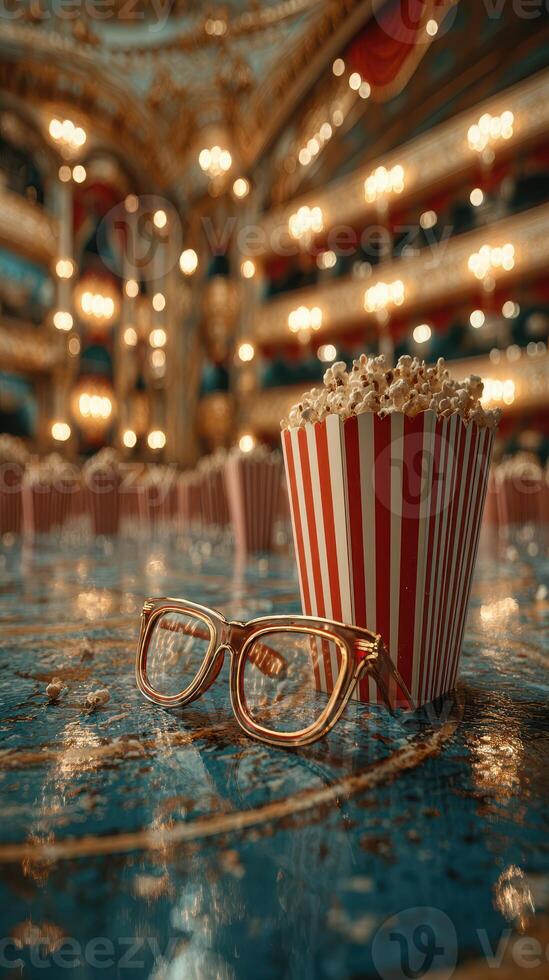 Golden spectacles and popcorn in an elegant theater setting showcase a delightful cinematic experience photo