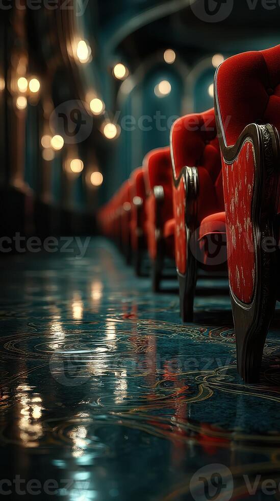Elegant red chairs lined up in an ornate theater hall with golden light reflections on the floor photo