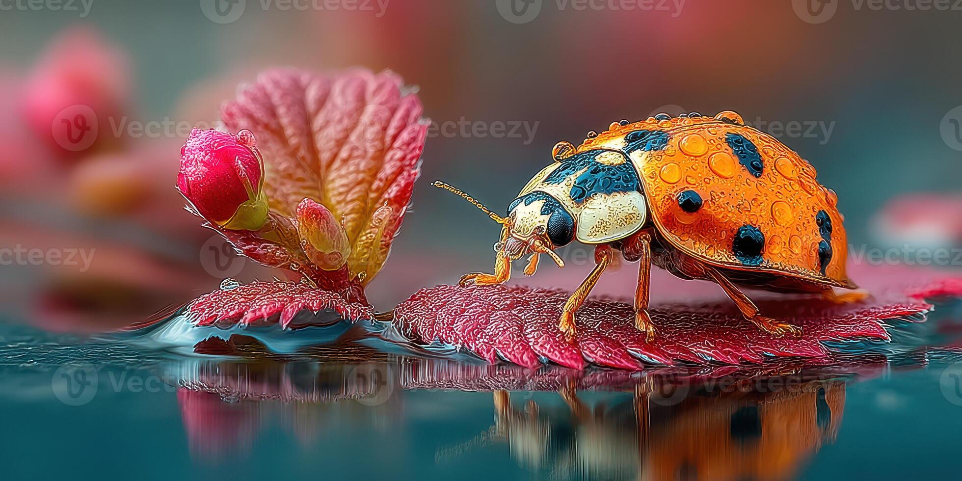 Vibrant ladybug exploring wet leaves during early morning hours in a tranquil garden setting photo