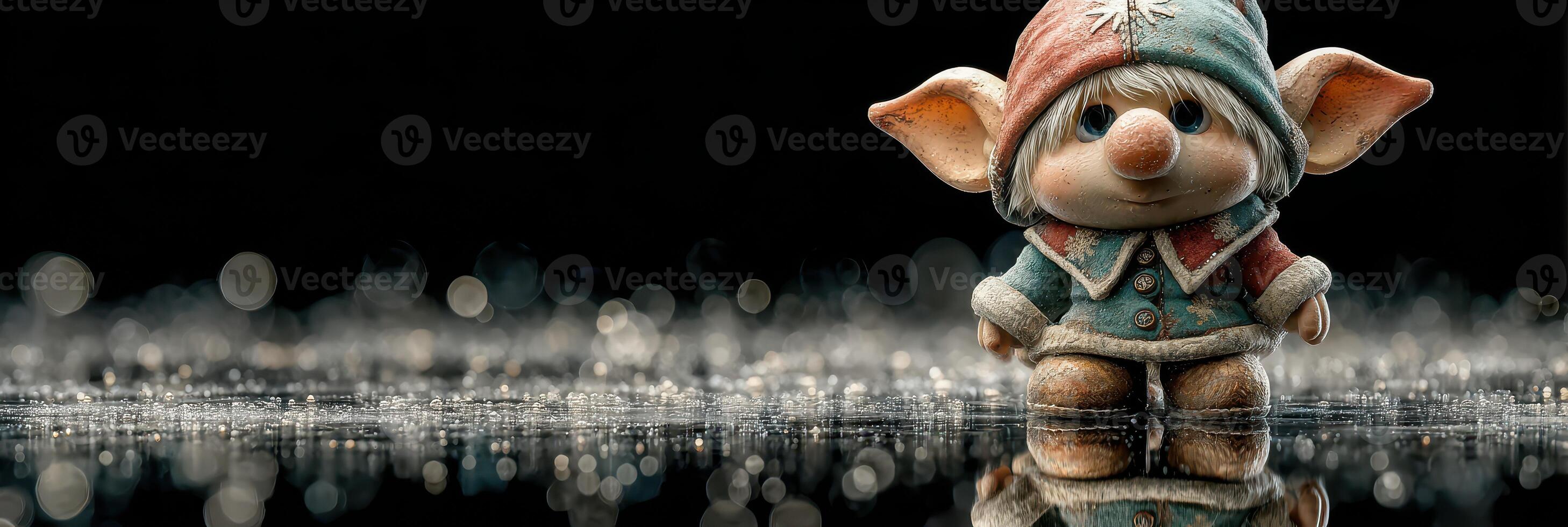 Cute elf figurine stands on a reflective surface with raindrops and soft bokeh background photo