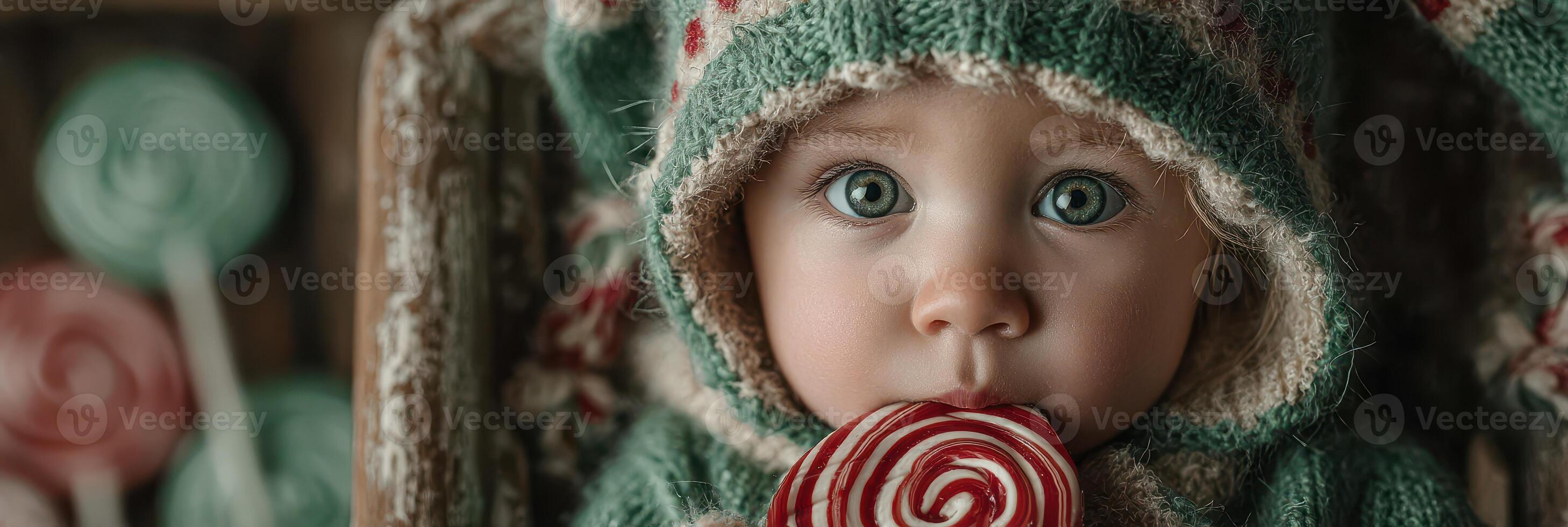 Sweet moment captured of a child enjoying a candy while dressed warmly in winter attire during a cozy indoor setting photo