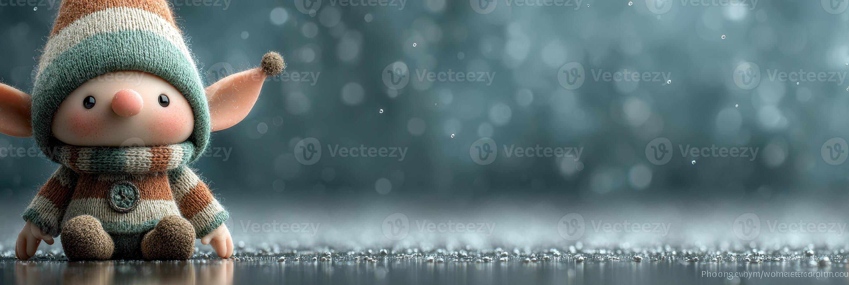 Cute elf doll sitting on a wet surface while rain drops fall in a winter setting at twilight photo
