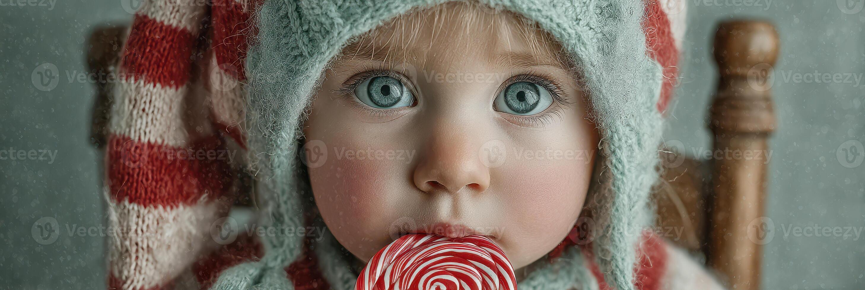 Child enjoying a large lollipop while dressed warmly in a cozy scarf and hat during winter season photo