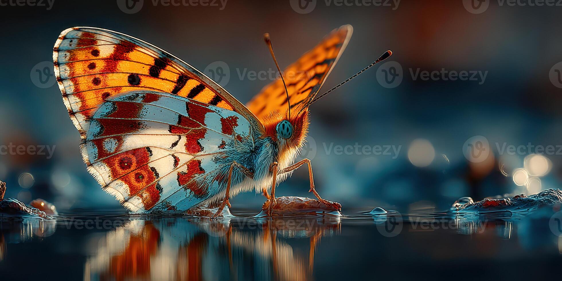 Colorful butterfly perched on wet surface with vibrant details at dawn photo
