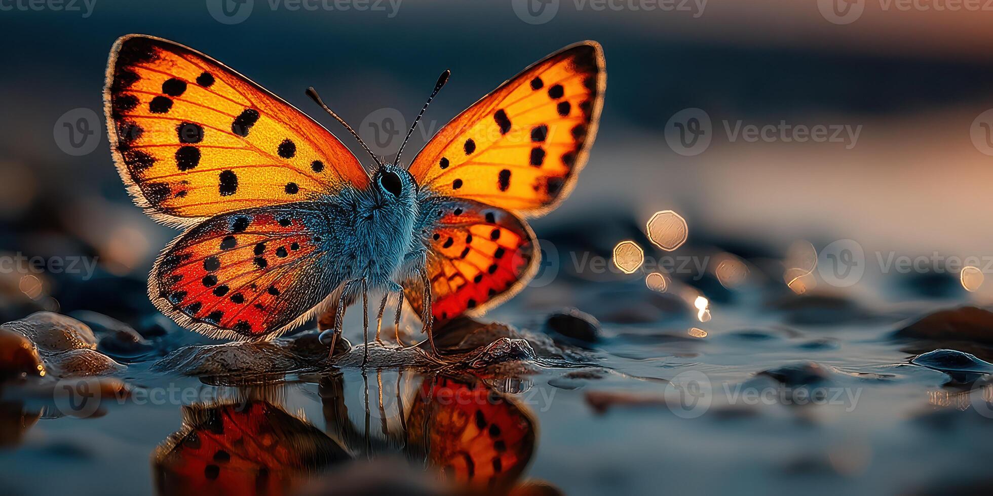 Colorful butterfly perched on water surface reflecting sunset hues at a serene nature location photo