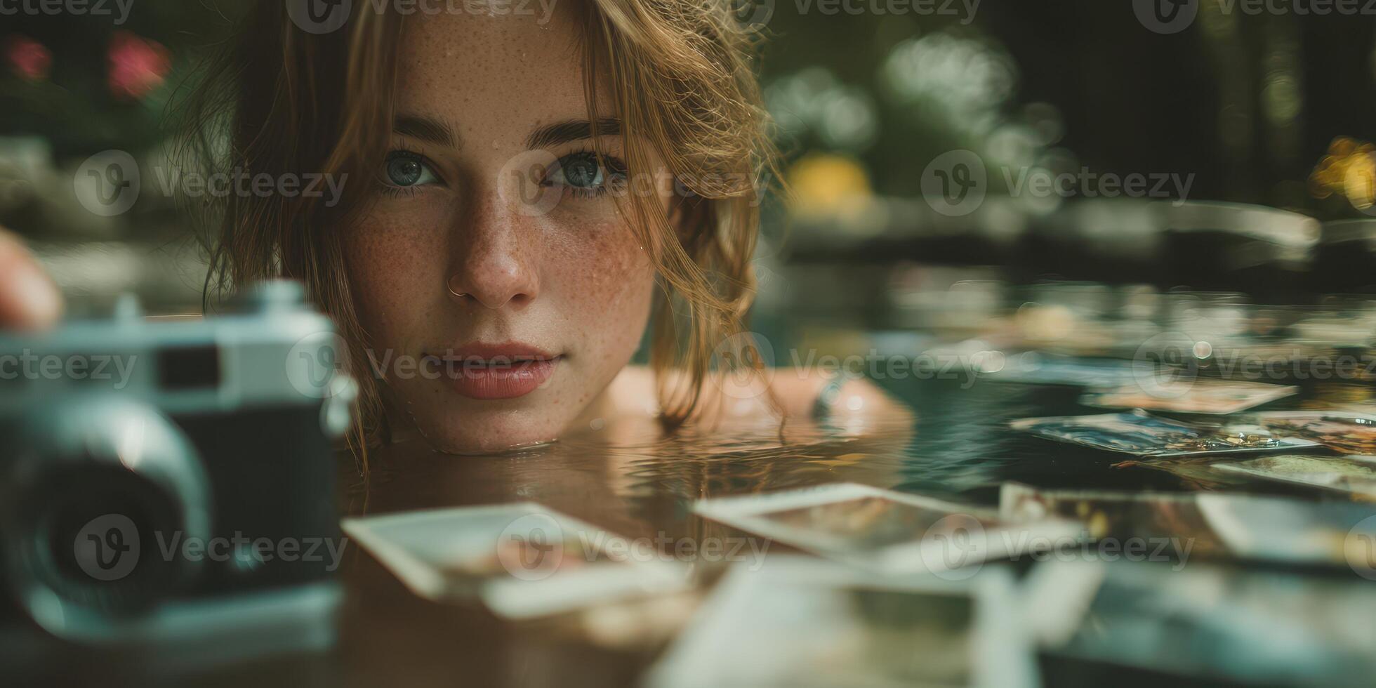 Young woman in shallow water capturing memories with a vintage camera surrounded by polaroids during a serene summer afternoon photo