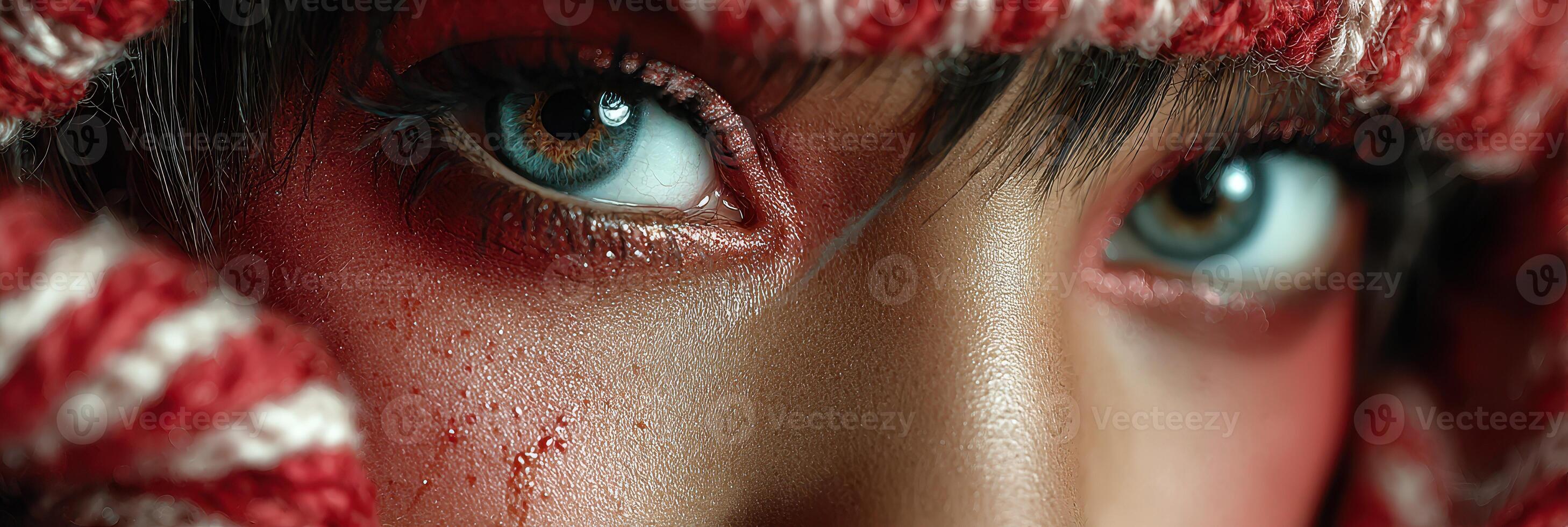 Close-up of striking eyes and vibrant makeup in winter attire showcasing winter beauty and expression photo