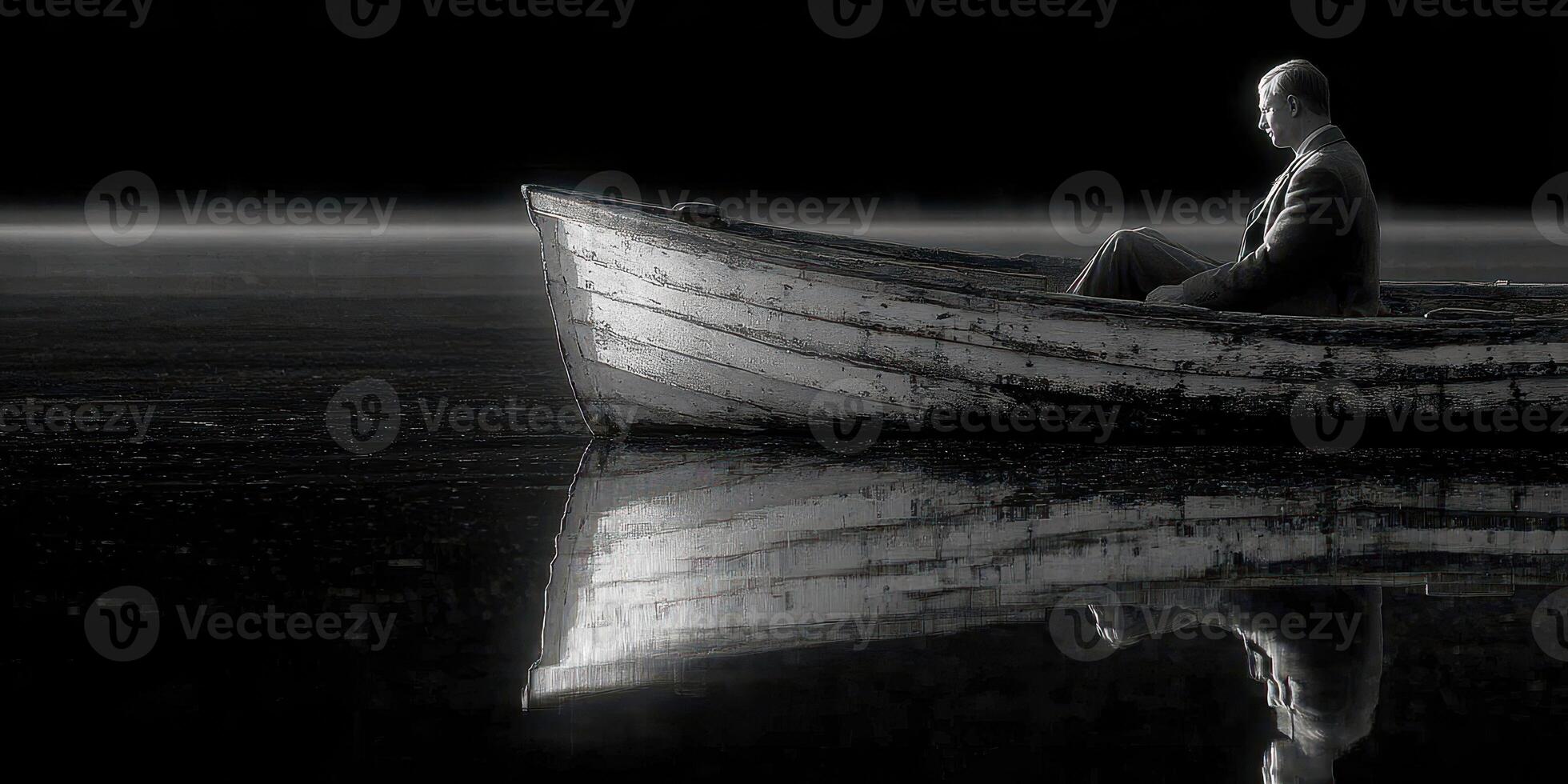 Man in a wooden boat reflecting quietly on the water at dawn in a calm lake photo