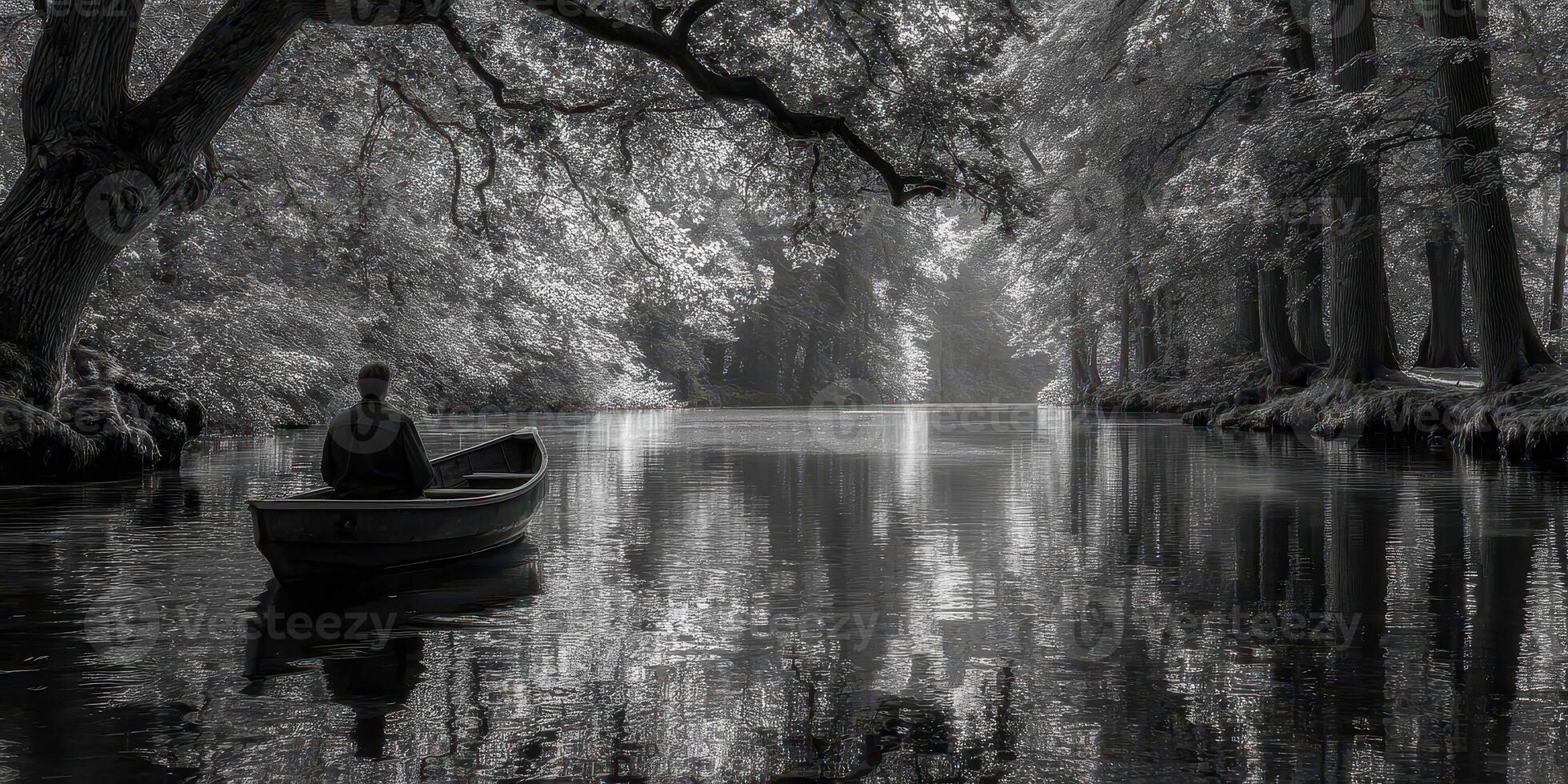 Man rows a small boat on a tranquil river surrounded by trees during a serene afternoon photo
