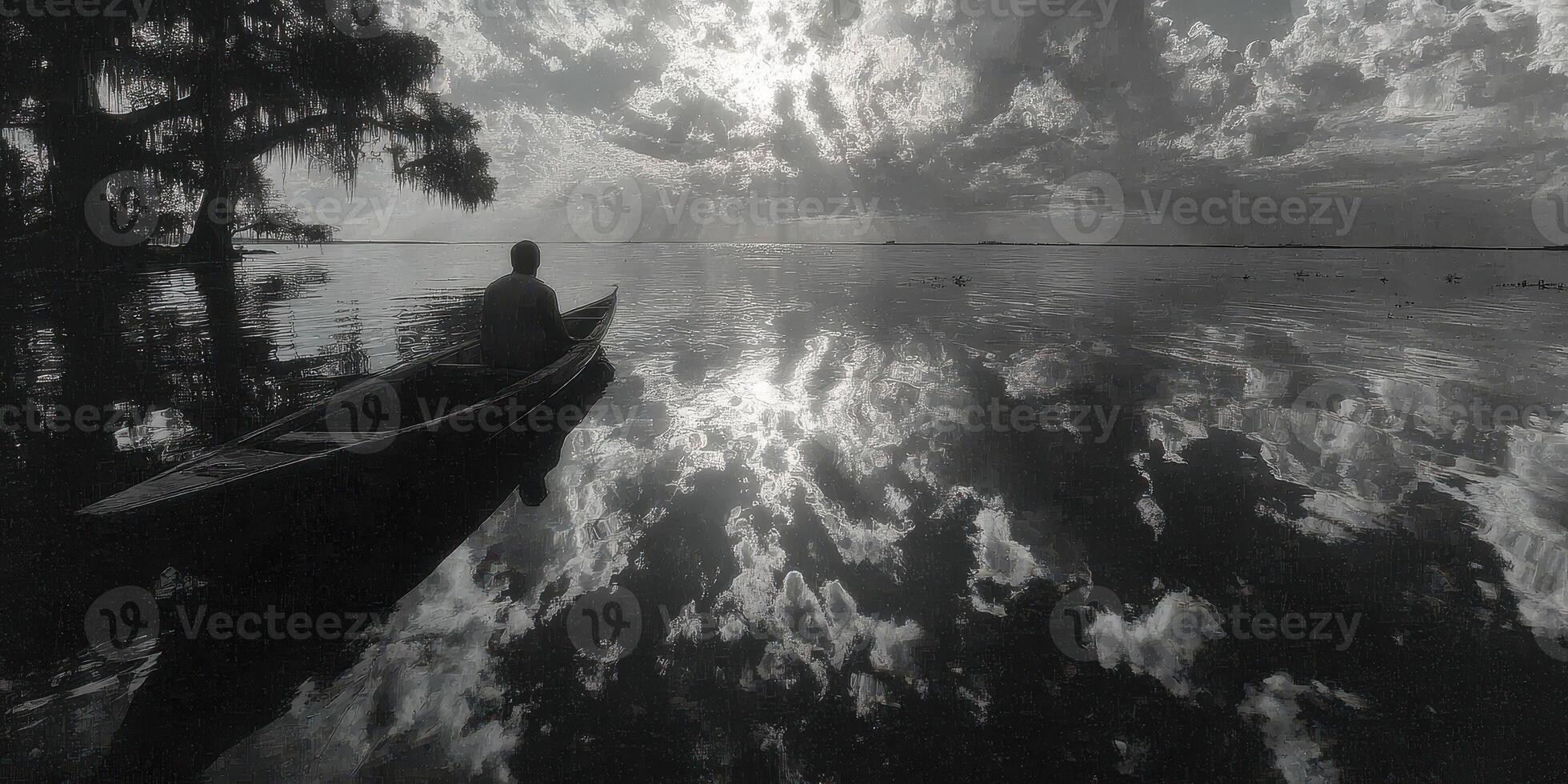 Silhouette of a man in a canoe on a tranquil lake at sunset with dramatic cloud reflections photo