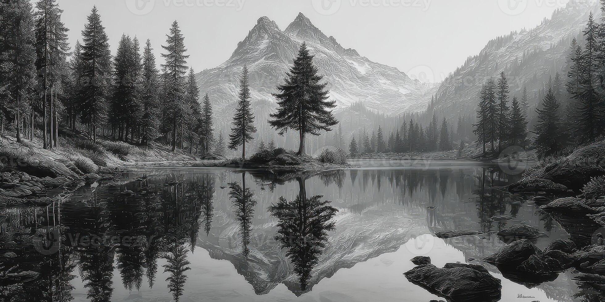 Majestic mountains reflect in tranquil lake surrounded by evergreen trees at dawn photo