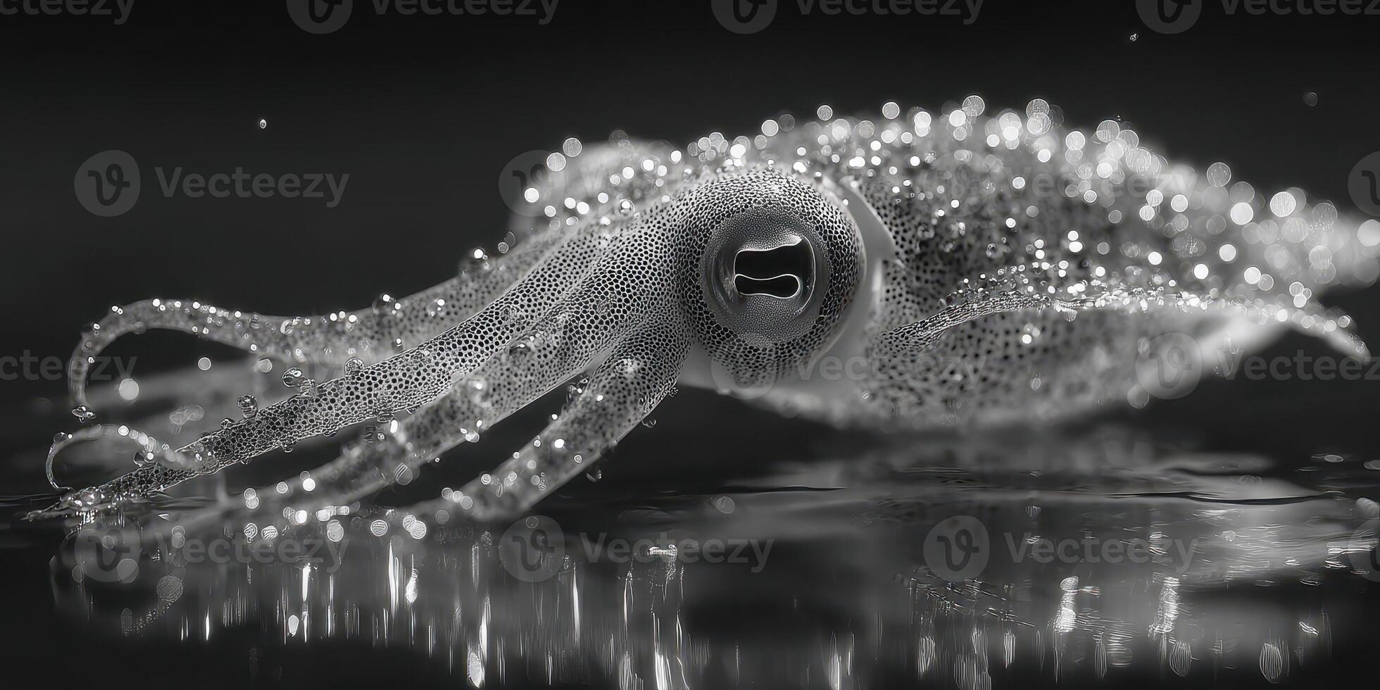Close-up view of a squid gliding through water in black and white, highlighting intricate details and textures in a serene environment photo