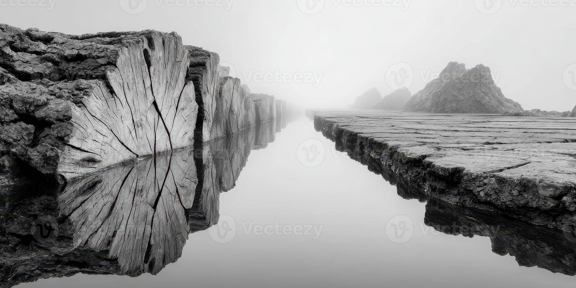Reflective shoreline with mist enveloping rocky formations at dawn photo