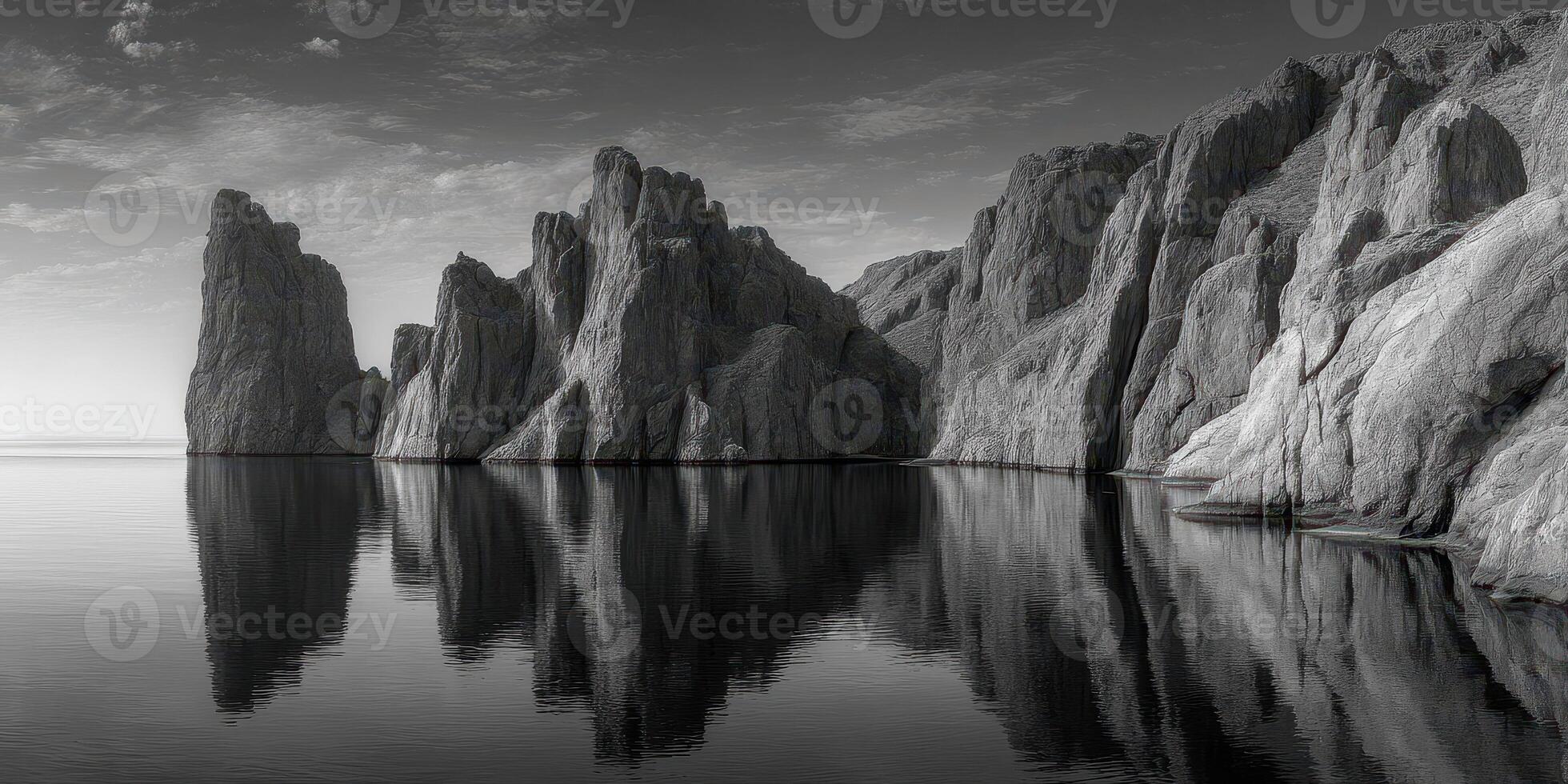 Stunning rock formations reflect in calm waters at dawn near a serene lake photo