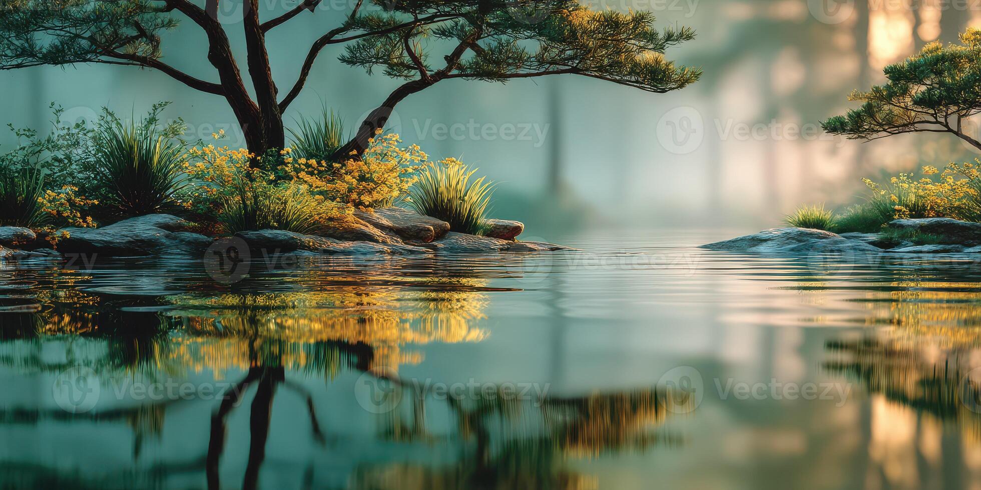 Tranquil lake surrounded by lush trees and vibrant flowers at dawn photo