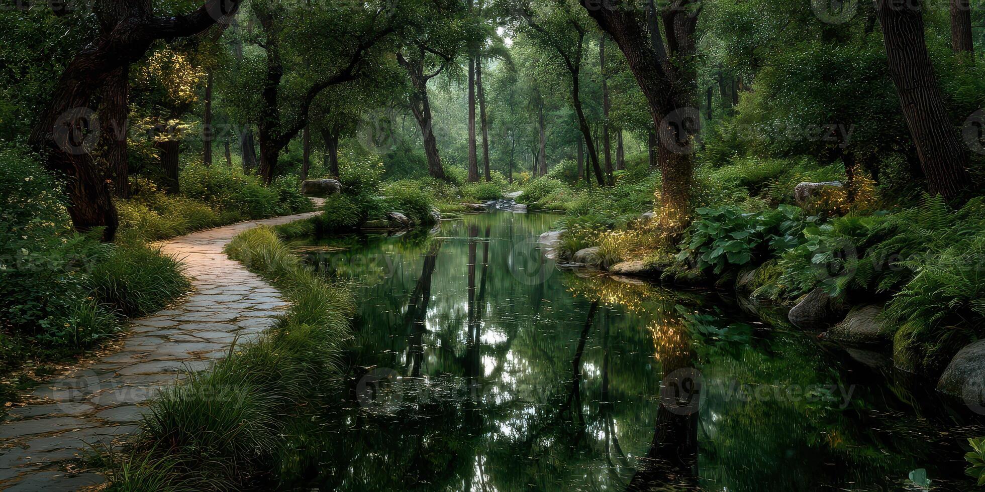 Serene forest pathway with a tranquil river surrounded by lush greenery in a peaceful natural setting photo