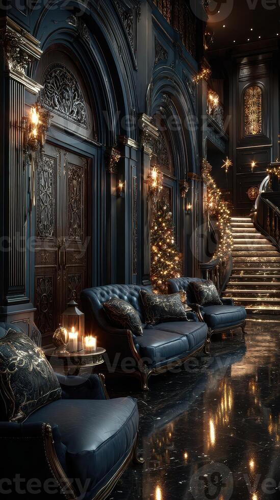 Elegant dark themed interior with festive decorations and soft lighting in a luxurious setting during the holiday season photo