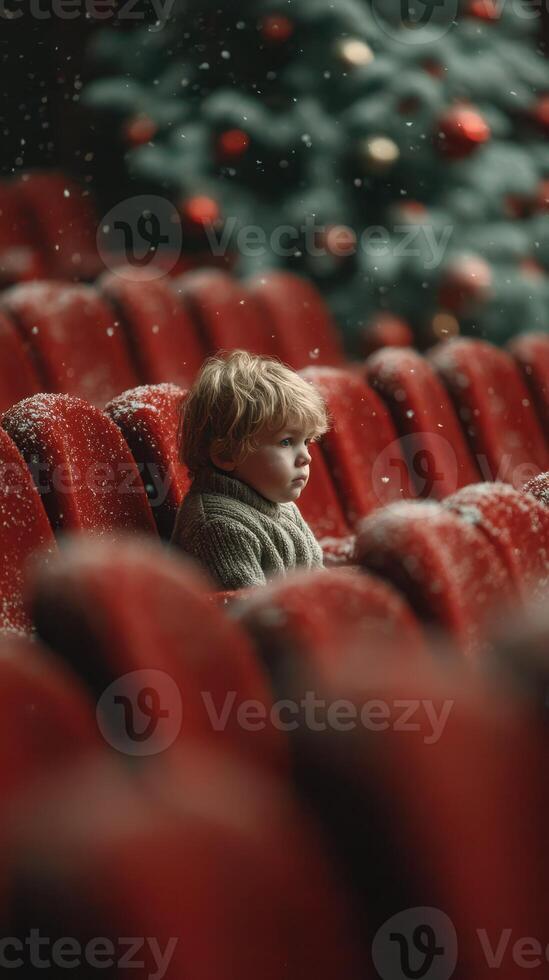 Child sitting alone in a theater with red seats during a festive winter atmosphere and gentle snowfall photo