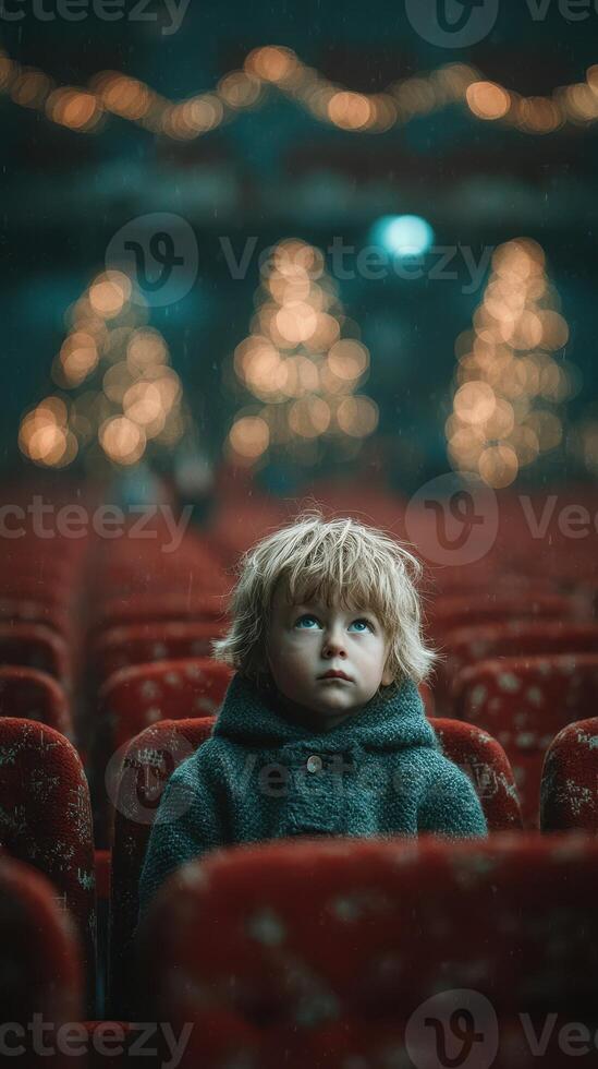Young child gazing upward in a theater filled with softly lit holiday decorations during a winter evening event photo