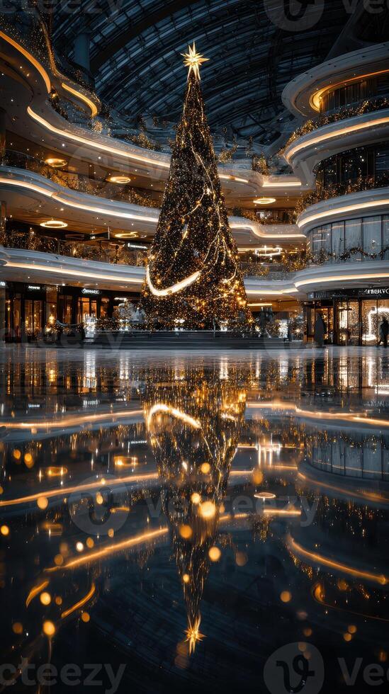 Shimmering Christmas tree in a festive mall setting with vibrant reflections in the evening photo
