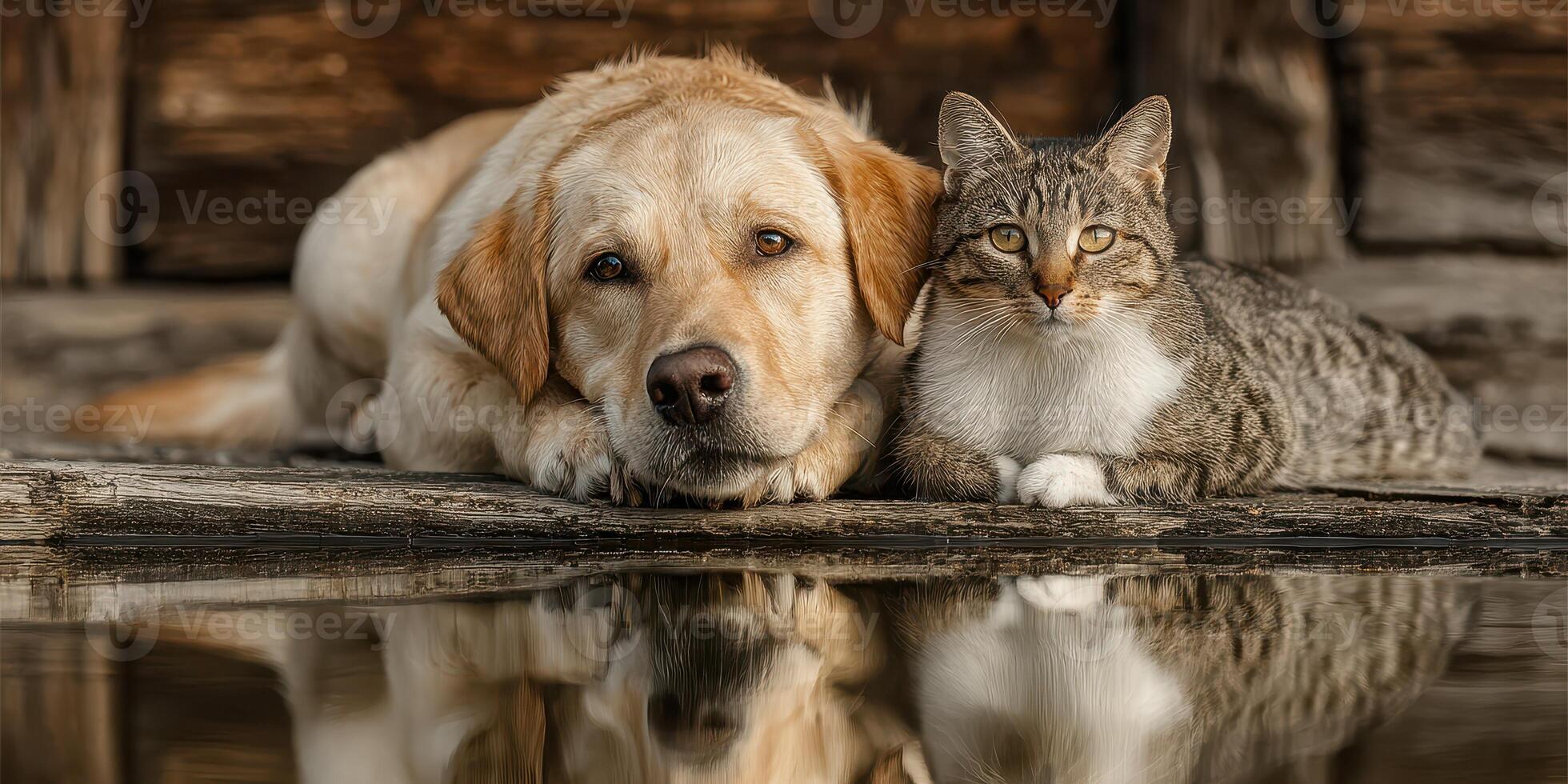 Pets share a peaceful moment by the water during a sunny afternoon in a rustic setting photo