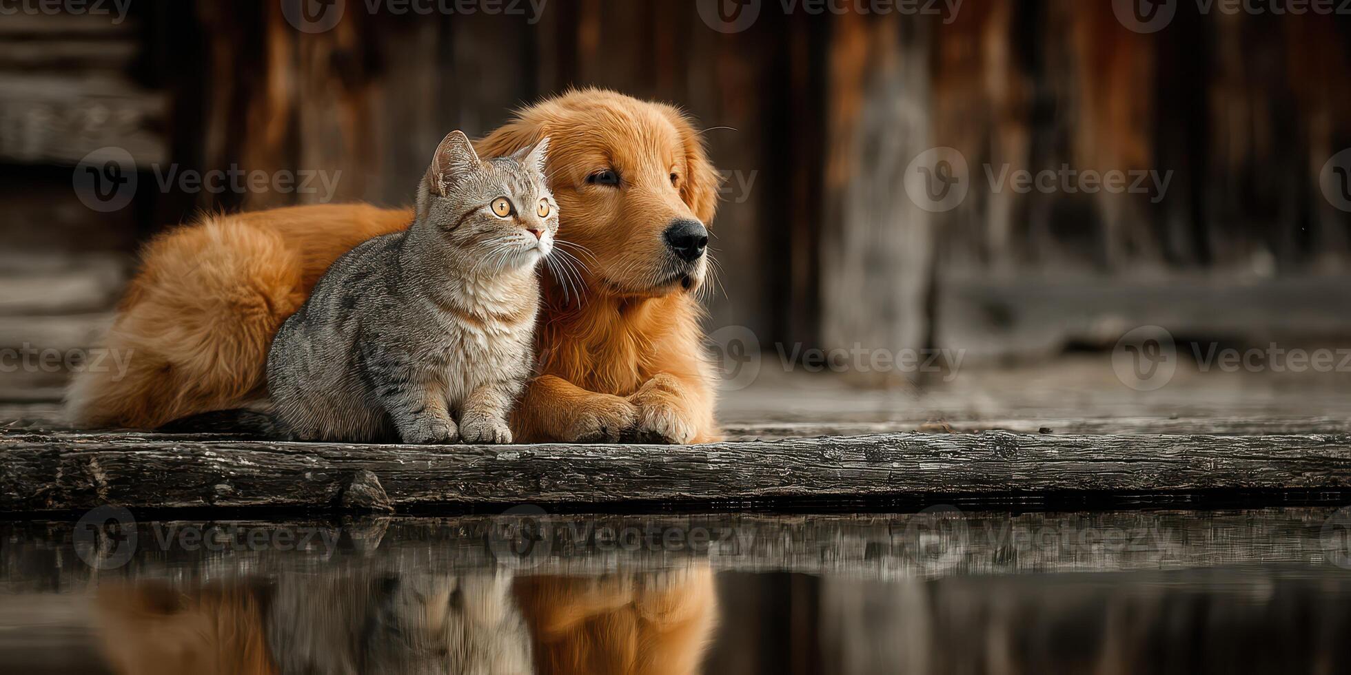 Golden retriever and tabby cat relaxing by reflective water during a serene afternoon at a rustic location photo