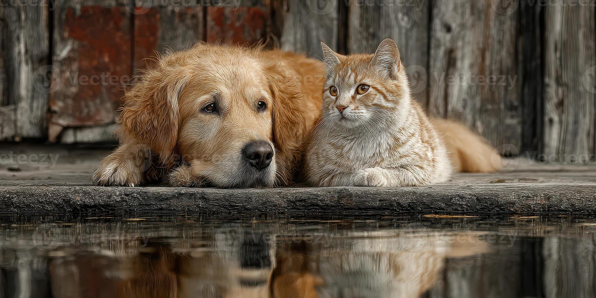 Captivating moment of a golden retriever and a tabby cat relaxing by a calm lake in peaceful surroundings photo