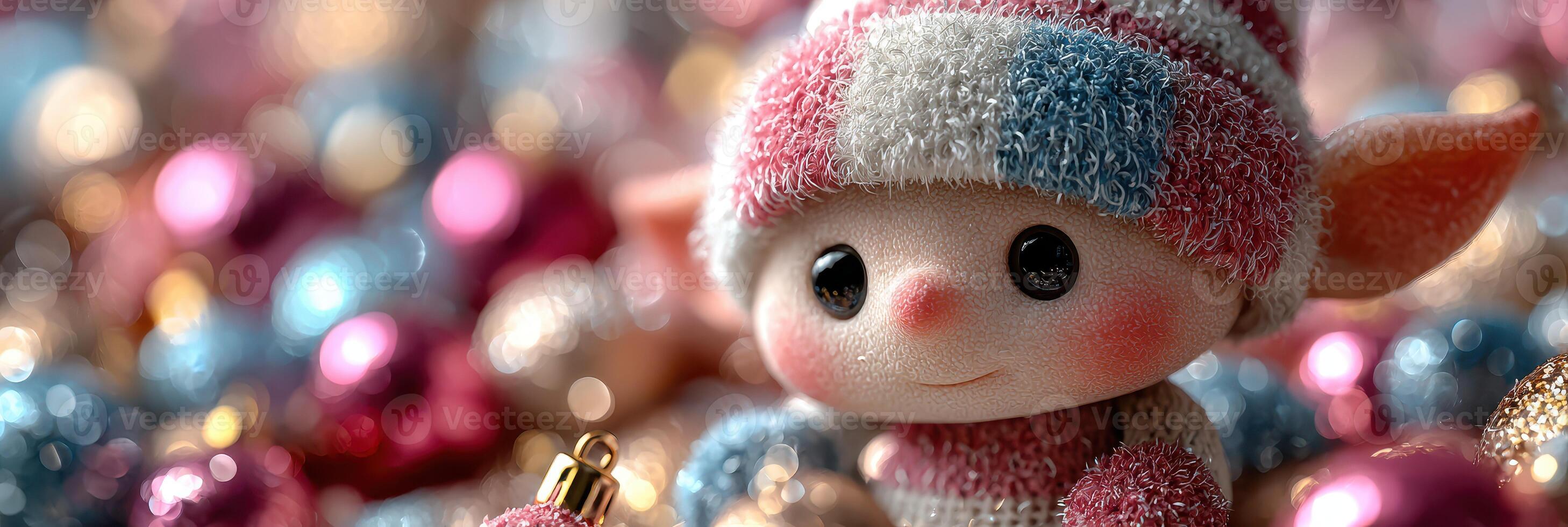 Colorful holiday elf surrounded by shiny ornaments depicting festive cheer in a cozy setting photo