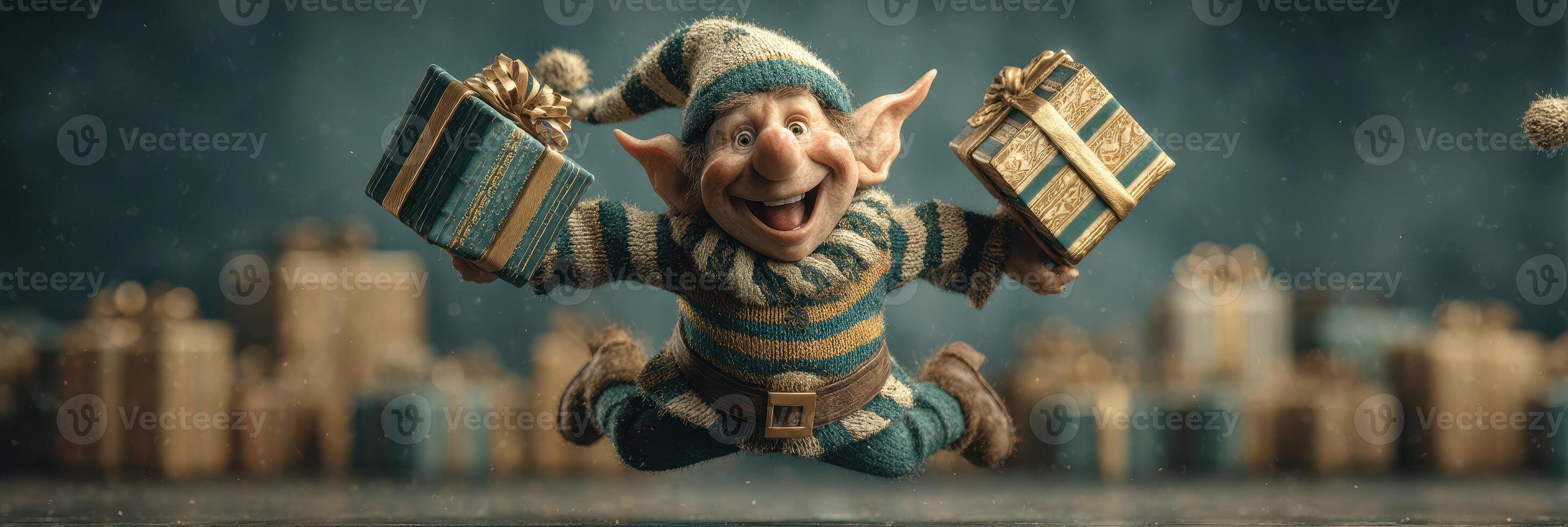 Cheerful elf joyfully holds presents while surrounded by festive decorations in a magical winter setting photo