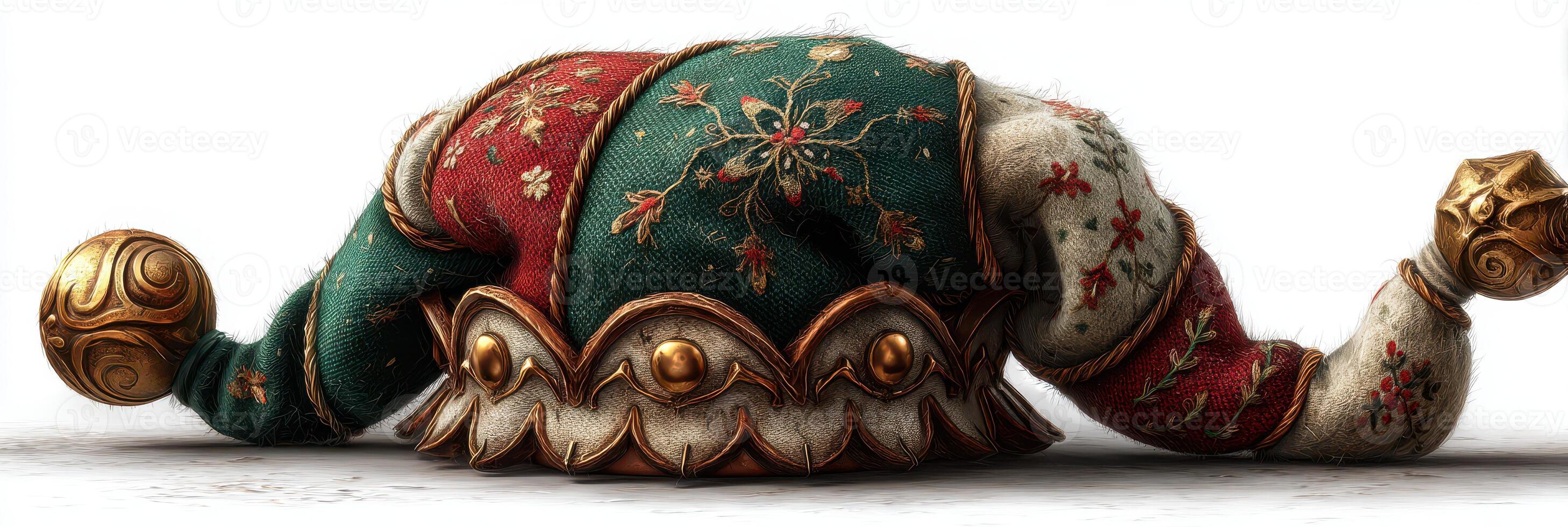 Colorful jester hat with ornate design lying on a light surface showcasing intricate details and textures photo
