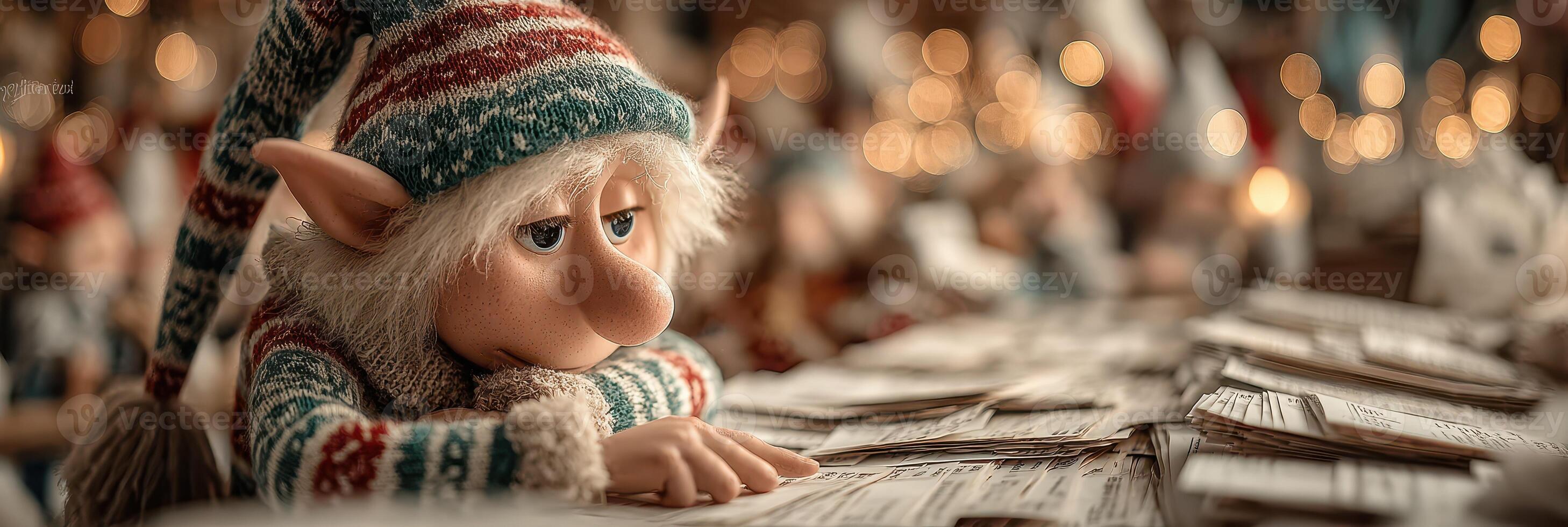 Elf working diligently at a cluttered desk surrounded by holiday decorations in a cozy workshop photo