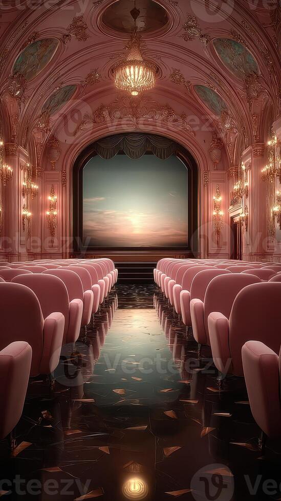 Luxurious vintage theater with elegant pink seats and stunning sunset view at twilight hour photo