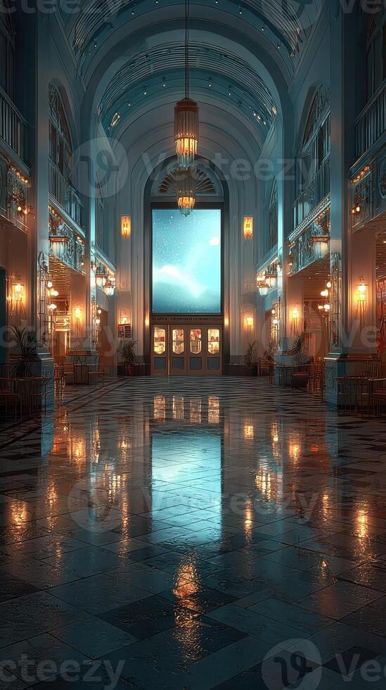 Elegant interior of a grand hall illuminated by soft lighting with a large screen showcasing an underwater scene at night photo